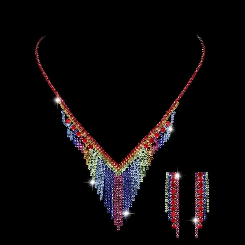 Colorful Rhinestone Earrings and Necklace Matching Set
